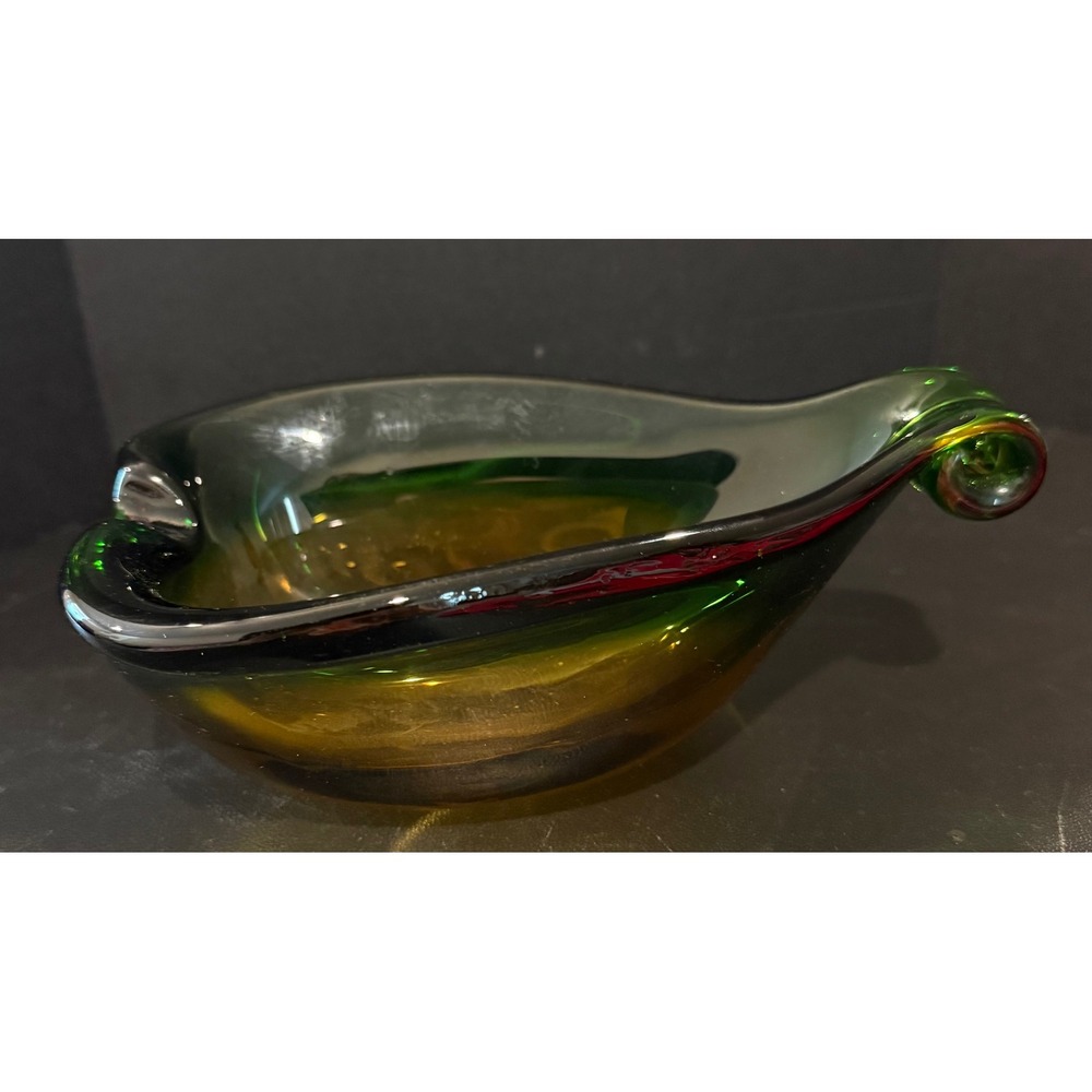 Murano Ashtray Trinket Bowl Green Amber Art Glass Scroll Handle MCM